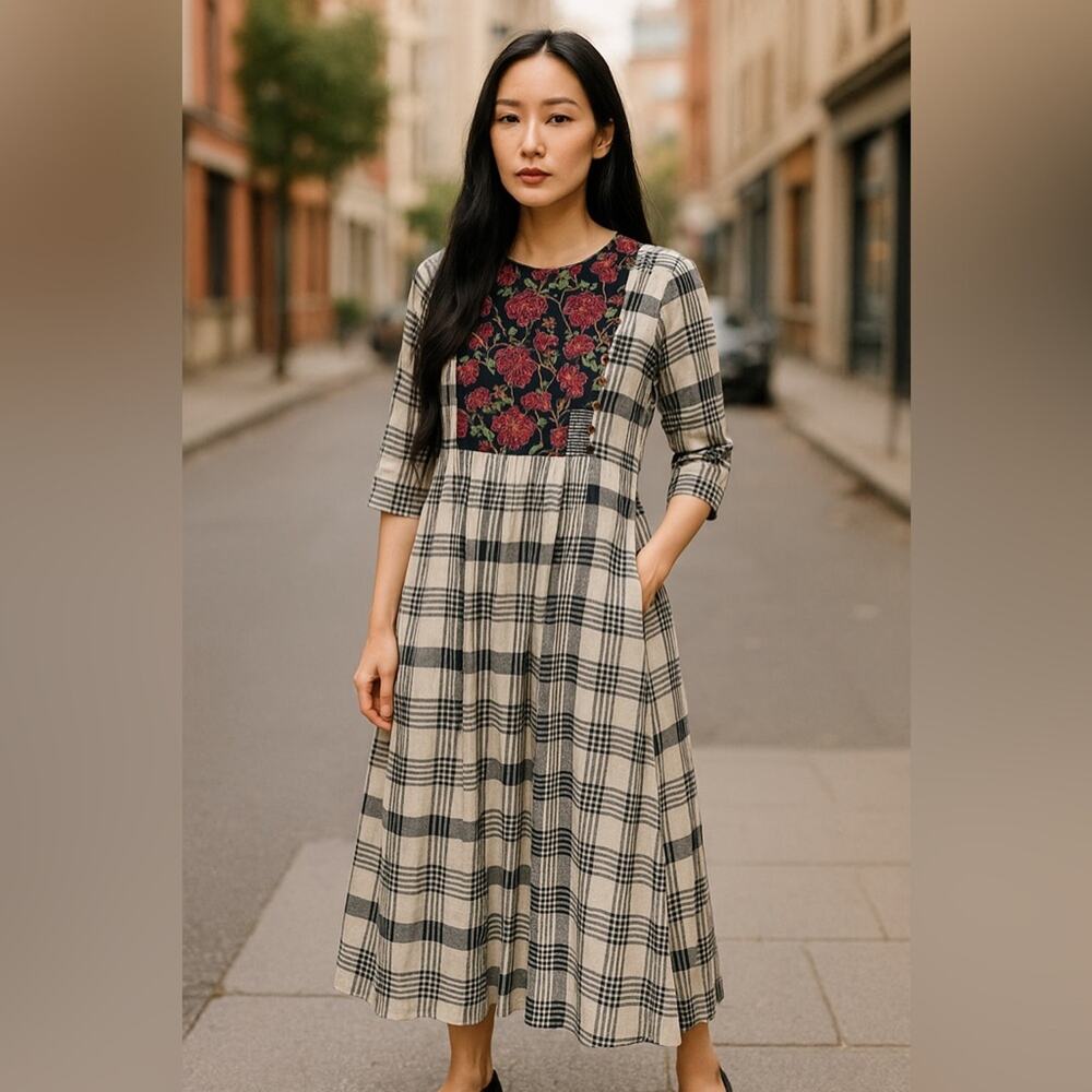 Utsa 100% Cotton Midi Dress Floral Embroidered Plaid Fit & Flare Bohemian XS